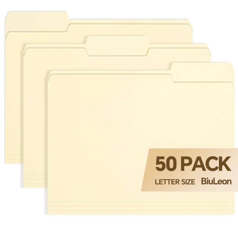 BiuLeon File Folders,50 Pack Manilla Folders 8.5x11,1/3 Cut Tabs Manila File Folders Letter Size for Easy Labeling and Organization,Vanilla Folders Great for Documents Home School Classroom Office Supplies - Image 1